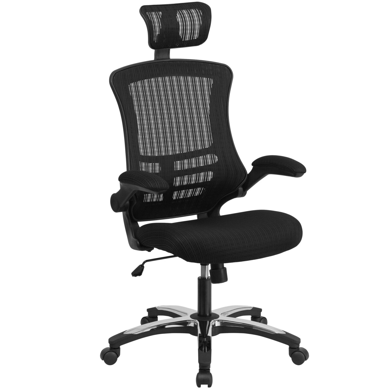 Emma and Oliver High-Back Black Mesh Swivel Ergonomic Executive Office Chair with Flip-Up Arms and Adjustable Headrest